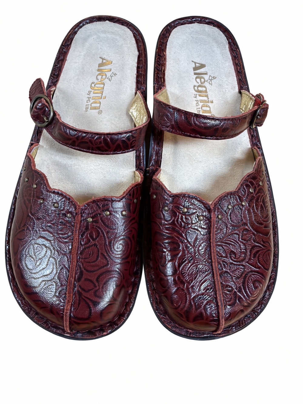 Alegria Tuscany Burgundy Floral Embossed Leather Mules 37 NWOB